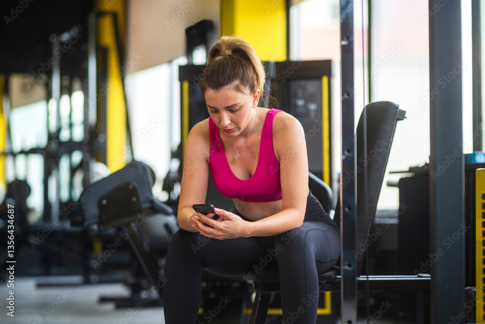 Fototapeta premium Woman checking her phone while taking break at gym