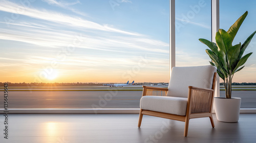 cozy lounge chair by large window offers stunning view of sunset over airport