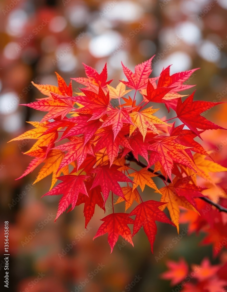 Vibrant red, orange, and yellow maple leaves cluster on a branch against a blurred background, image, sunlight, golden Vibrant red, orange, and yellow maple leaves cluster on a branch against a blurred background, image, sunlight, golden