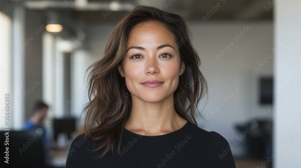 Confident woman in modern office setting, showcasing determination and professionalism Confident woman in modern office setting, showcasing determination and professionalism