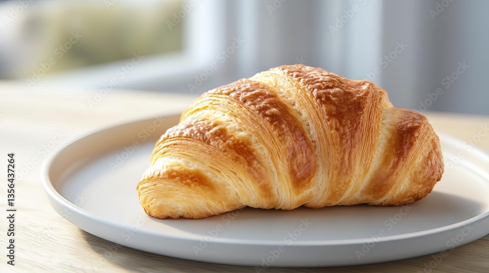 A freshly baked croissant resting on a simple plate, showcasing its flaky layers and golden crust. A freshly baked croissant resting on a simple plate, showcasing its flaky layers and golden crust.