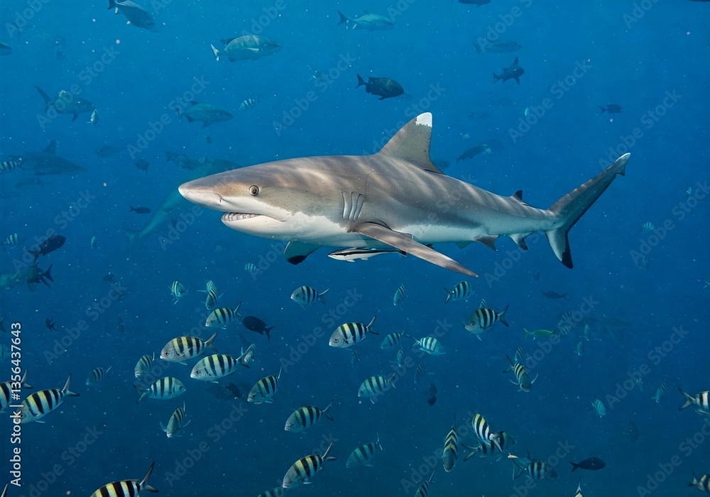 Obraz premium A sleek shark swims gracefully through the deep blue ocean, surrounded by a vibrant school of striped fish. The stunning underwater scene captures marine life in its natural habitat. 