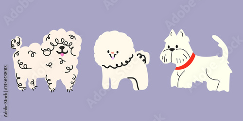 Vintage cute curly dogs collection. Different breeds pet. Funny doodle dog characters. Adorable funny pet hand drawn set. Vector illustrations