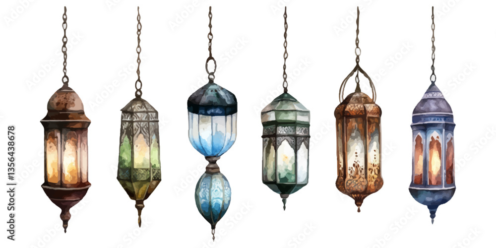 Set of hanging Arabic lanterns isolated on a white background Set of hanging Arabic lanterns isolated on a white background