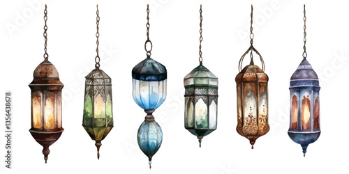 Set of hanging Arabic lanterns isolated on a white background