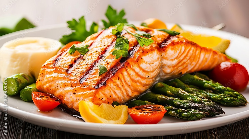 A delicious plate of grilled salmon served with asparagus, cherry tomatoes, and a side of mashed potatoes and lemon. A delicious plate of grilled salmon served with asparagus, cherry tomatoes, and a side of mashed potatoes and lemon.