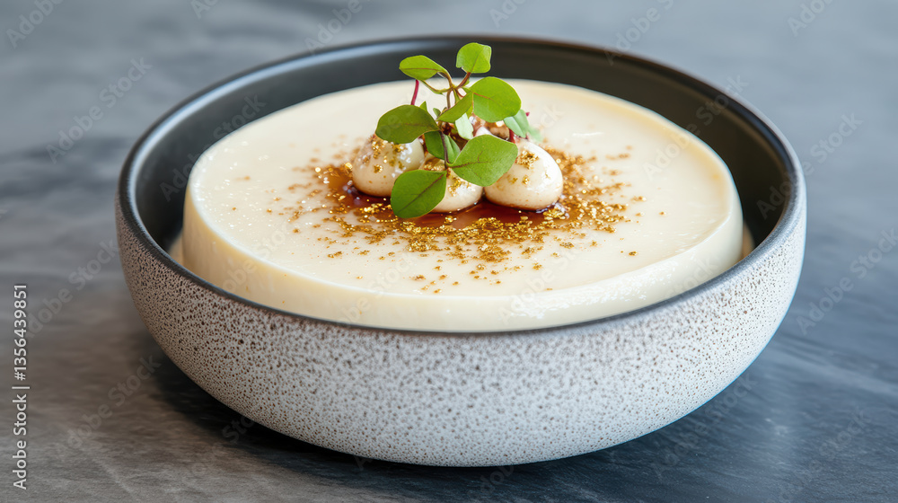 creamy dessert beautifully garnished with herbs and gold flakes, served in stylish bowl creamy dessert beautifully garnished with herbs and gold flakes, served in stylish bowl