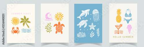 Set of Hand Drawn Summer Posters – Tropical Beach, Sea Creatures, Vacation Outfits, Palm Trees, Sun and Fun Elements for Seasonal Design, Cards, Stickers and Print. Vector Collection