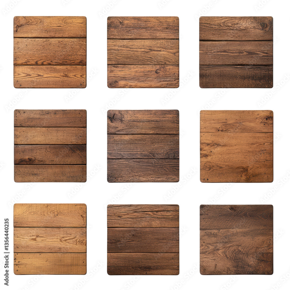 Collection of nine square wooden planks with varying wood grain and tones on a transparent background. Ideal for backgrounds or textures. Collection of nine square wooden planks with varying wood grain and tones on a transparent background. Ideal for backgrounds or textures.