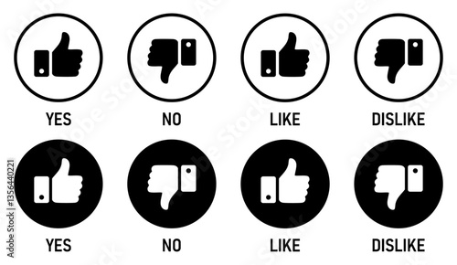 Thumbs up, thumbs down, yes, no, Like, dislike, icons set. Thumb-up thumb-down icons collection isolated. Silhouette and outlie design. Vector illustration.
