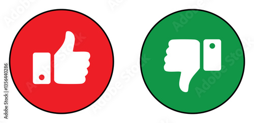 Thumb up, thumb down, like and dislike icons set. Like and dislike icon buttons set in green and red circle. Social media sign symbols. Silhouette and circle style. Isolated vector Illustration.