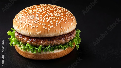 Wallpaper Mural Delicious sesame seed burger with fresh lettuce and juicy patty served on a black background. Torontodigital.ca