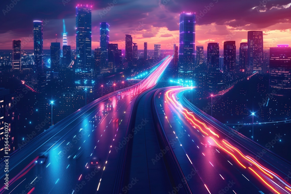 Fototapeta premium Aerial view of a city at night with a highway network and traffic lights. Concept for urban development, transport system or business center plan. Blurred motion. Abstract background