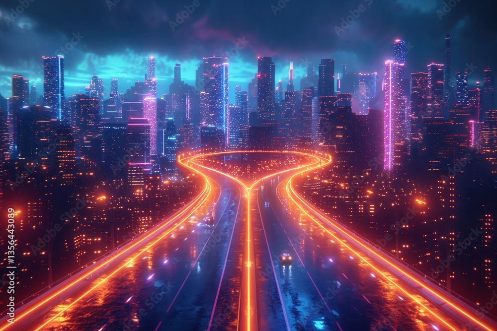 Aerial view of a city at night with a highway network and traffic lights. Concept for urban development, transport system or business center plan. Blurred motion. Abstract background Aerial view of a city at night with a highway network and traffic lights. Concept for urban development, transport system or business center plan. Blurred motion. Abstract background