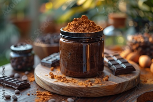 protein tub on a table, chocolate around the tub, background backyard, family outside,