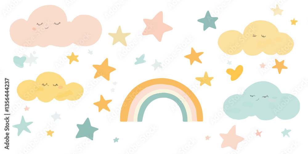 Obraz premium Vector flat pastel-colored clouds, rainbows, and stars set against a white background.
