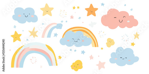 Vector flat pastel-colored clouds, rainbows, and stars set against a white background.