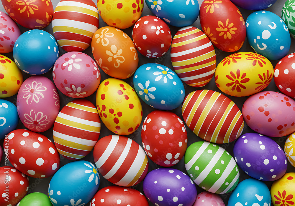 A vibrant display of colorful Easter eggs with playful designs, ready for spring celebrations. A vibrant display of colorful Easter eggs with playful designs, ready for spring celebrations.