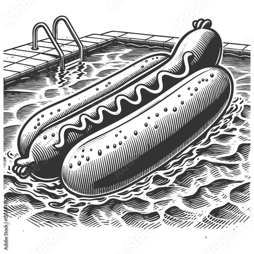 Giant Hot Dog Floating in Swimming Pool vector