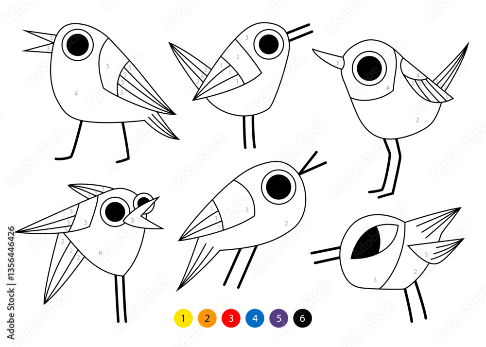 Fototapeta premium Birds page for kids. Coloring book for children. Vector outline illustration. Color by numbers. 