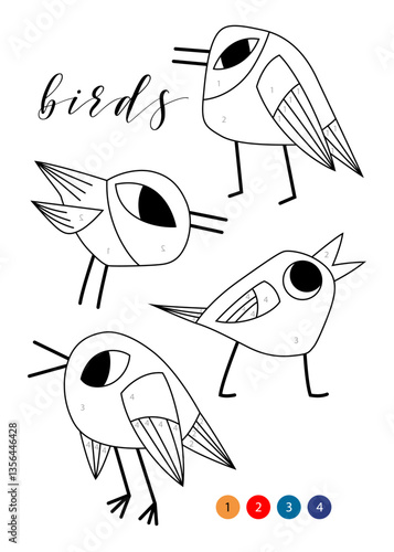 Pages for kids. Color by numbers. Vector illustration. Coloring with outline birds