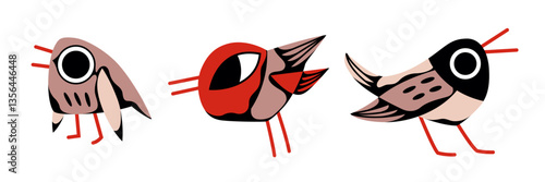 Set of vector birds in nude, red and black tones. Nature Illustration with cute animals
