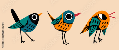 Bright cute birds. Collection of vector illustrations