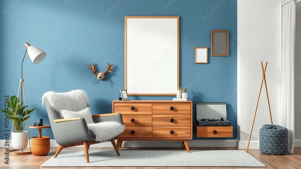 Fototapeta premium Modern Minimalist Living Room with Stylish Blue Walls and Elegant White Furniture