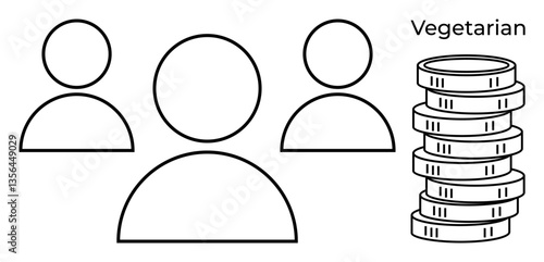 Outline figures of people next to a stack of coins labeled Vegetarian symbolizing choice, cost, and value. Ideal for lifestyle, budget, savings, wellness, dietary habits, community flat simple