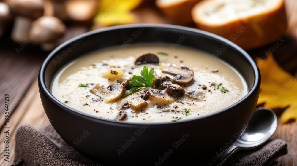 Creamy mushroom soup served in a dark black ceramic bowl Creamy mushroom soup served in a dark black ceramic bowl