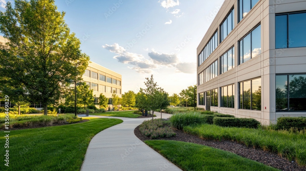 Modern office buildings at a scenic park a panoramic view green environment capturing tranquility Modern office buildings at a scenic park a panoramic view green environment capturing tranquility
