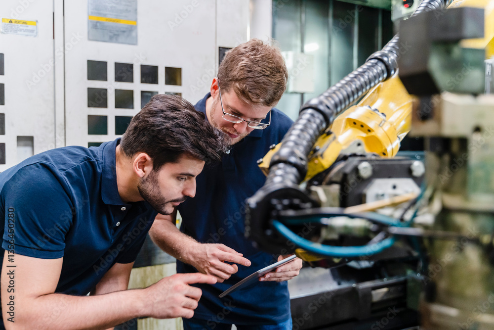 Male coworkers examining robotic arm while using digital tablet in manufacturing factory Male coworkers examining robotic arm while using digital tablet in manufacturing factory