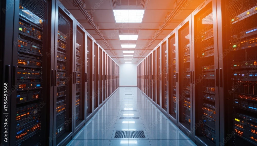 Data center, server racks, and bright lights Data center, server racks, and bright lights