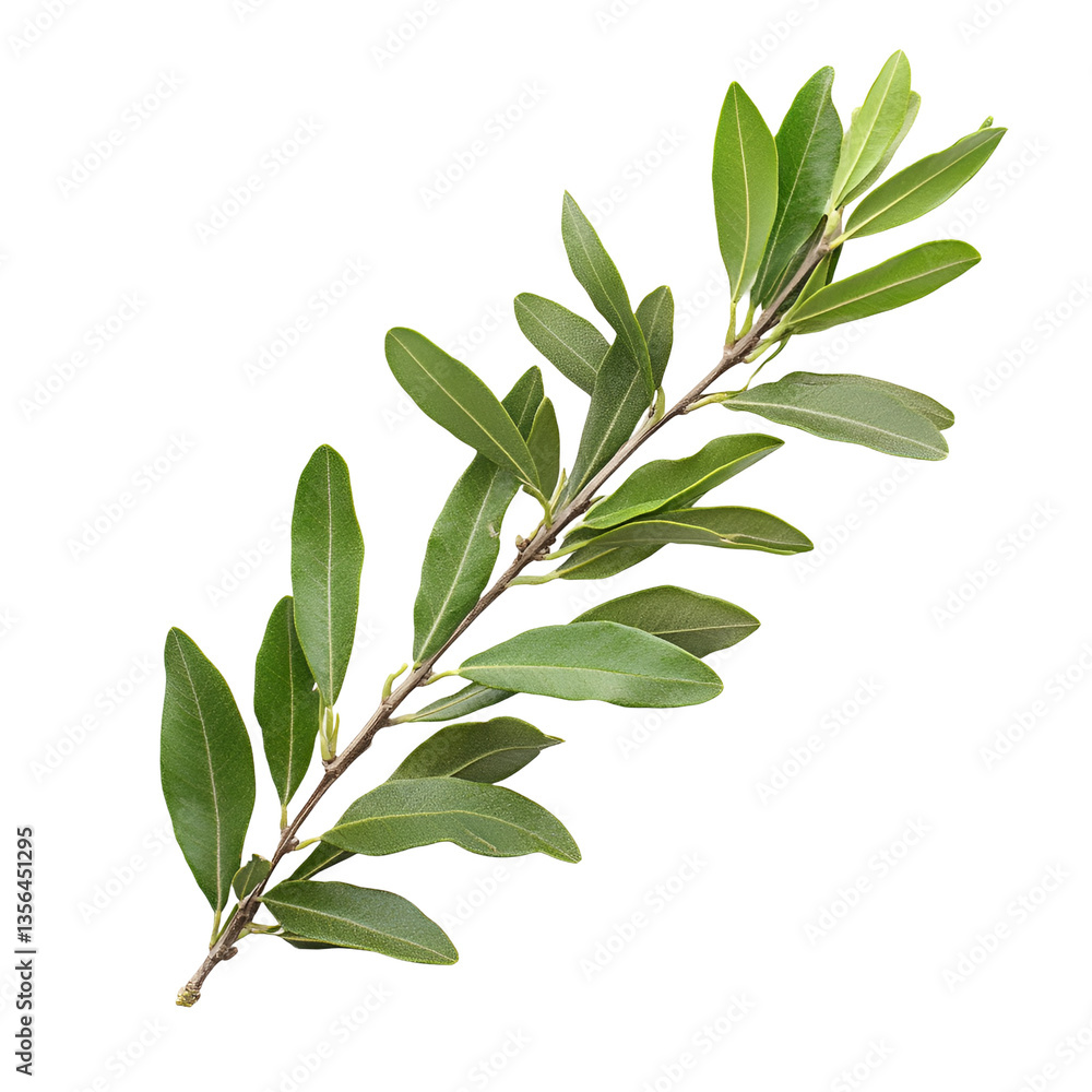 Naklejka premium Lush green branch with vibrant leaves isolated on black background,