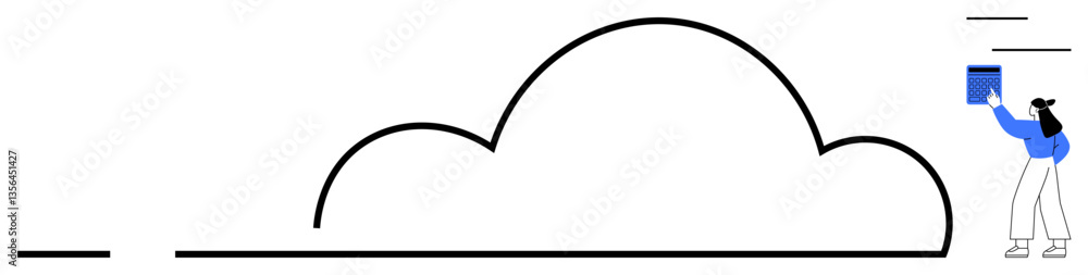 Large cloud outline with a person placing a file into it, representing cloud storage and organization. Ideal for technology, data management, innovation, sharing, backup, simplicity, flat simple