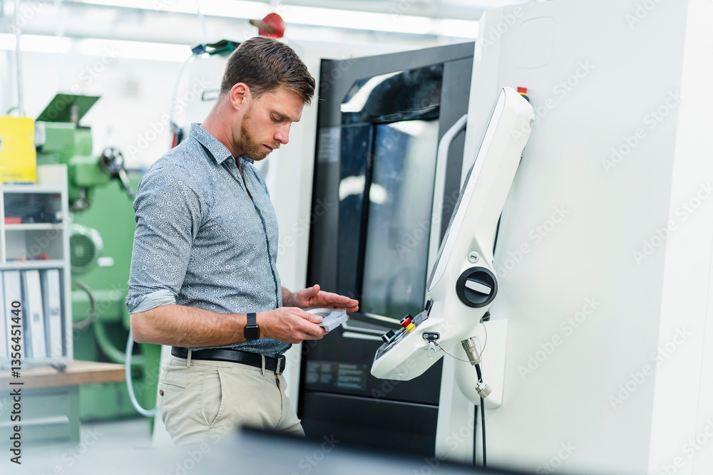 Male engineer holding machine part while standing by manufacturing equipment in industry Male engineer holding machine part while standing by manufacturing equipment in industry