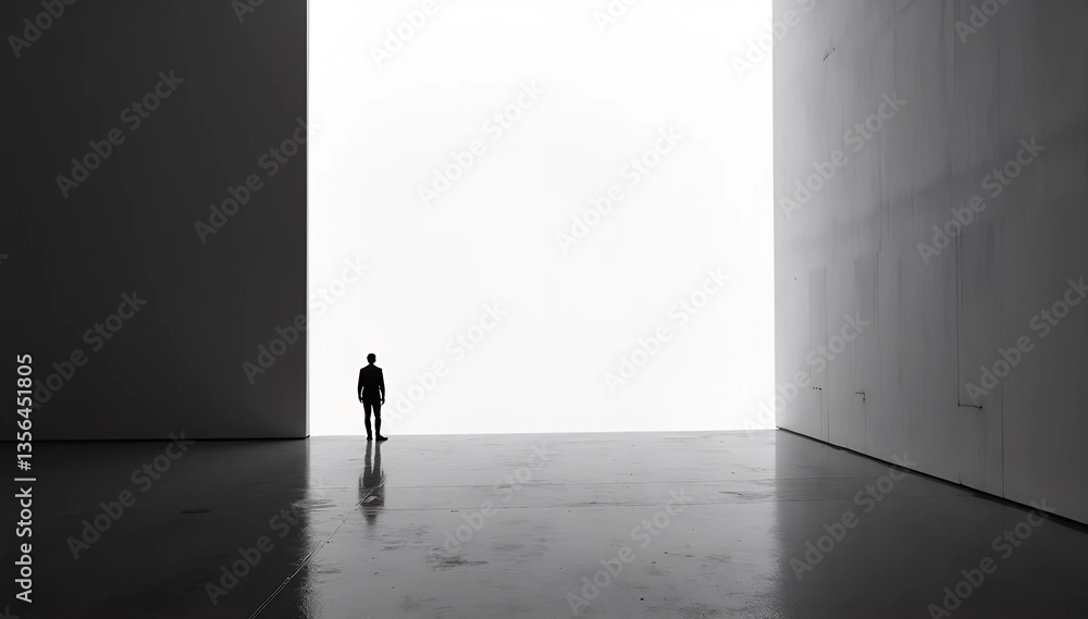 Silhouette of a lone figure standing in a vast space between dark walls, symbolizing agoraphobia. The contrast of light and shadow illustrates feelings of fear, isolation, and uncertainty.
Silhouette of a lone figure standing in a vast space between dark walls, symbolizing agoraphobia. The contrast of light and shadow illustrates feelings of fear, isolation, and uncertainty.