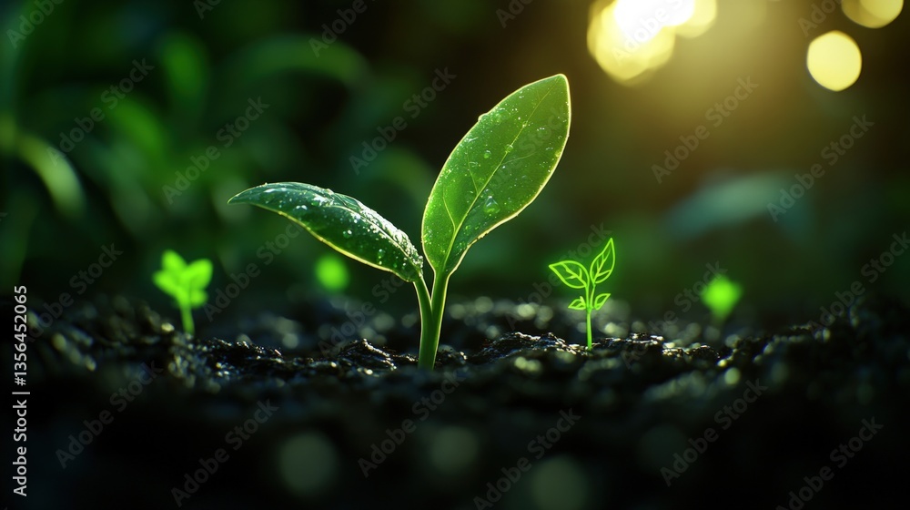 Young plants emerge from fertile soil Young plants emerge from fertile soil