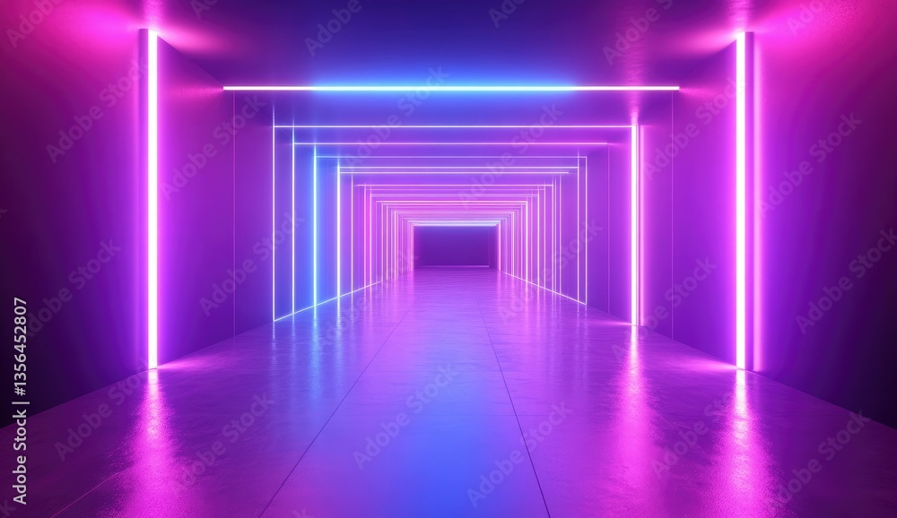 Neon tunnel, vibrant colours, futuristic corridor. Detailed 3D render of a captivating neon tunnel, showcasing a mesmerizing array of vibrant pink and blue lights, creating a captivating atmosphere Neon tunnel, vibrant colours, futuristic corridor. Detailed 3D render of a captivating neon tunnel, showcasing a mesmerizing array of vibrant pink and blue lights, creating a captivating atmosphere