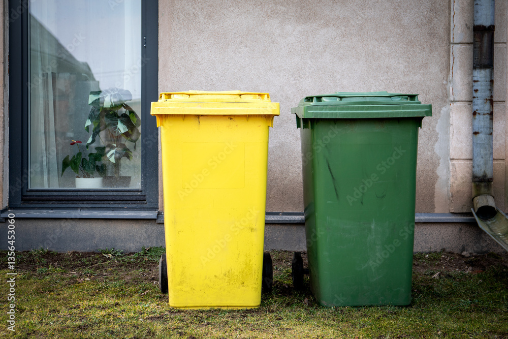 Yellow and Green Trash Bins Next to Building Yellow and Green Trash Bins Next to Building