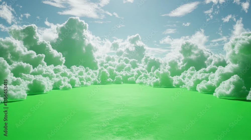 Fototapeta premium Green Field Fluffy Clouds Sky Nature Landscape Background