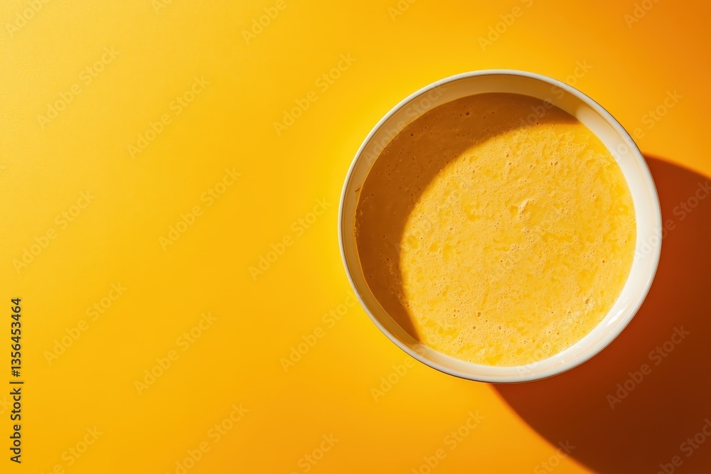 A bowl of yellow liquid placed against a yellow surface A bowl of yellow liquid placed against a yellow surface