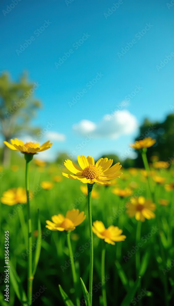 Vibrant yellow coreopsis flowers blooming in a lush green field under a clear blue sky, floral, blossom Vibrant yellow coreopsis flowers blooming in a lush green field under a clear blue sky, floral, blossom