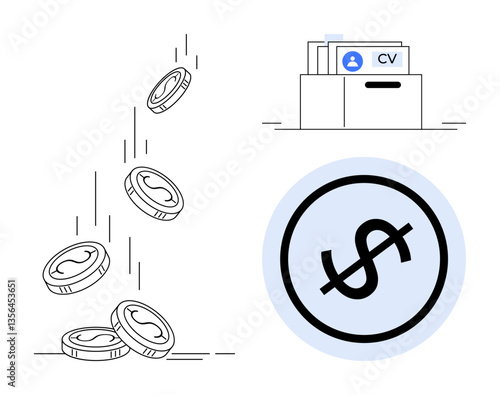 Falling coins, folder with CV document, and dollar icon emphasize employee compensation, recruitment, payroll systems. Ideal for HR, finance, hiring, job application earnings accounting flat