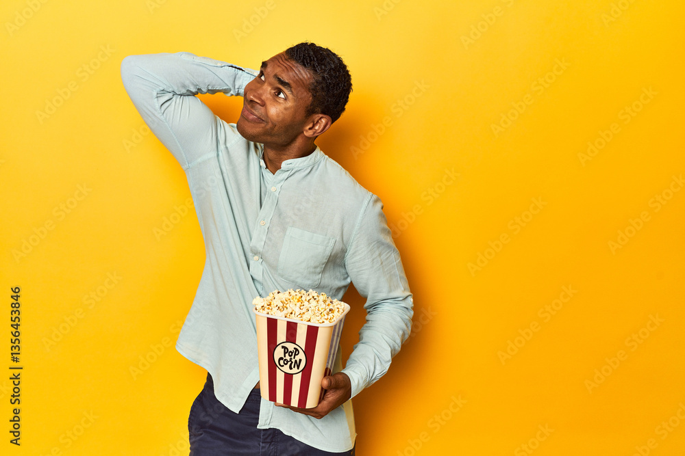 African American man with popcorn, yellow studio, touching back of head, thinking and making a choice. African American man with popcorn, yellow studio, touching back of head, thinking and making a choice.