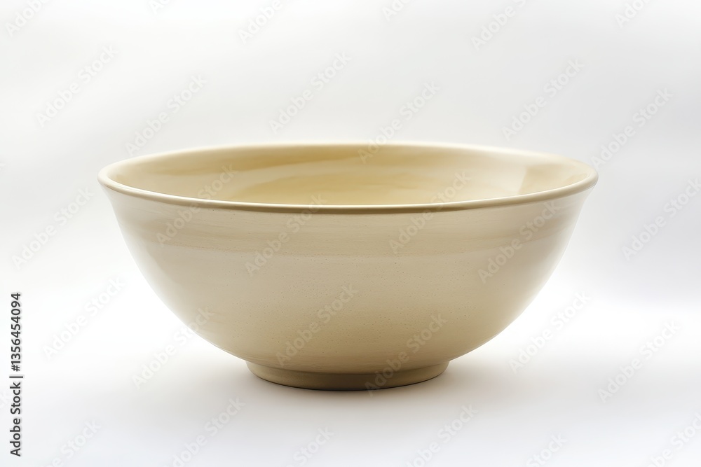 A single light tan colored bowl sits on a white surface A single light tan colored bowl sits on a white surface