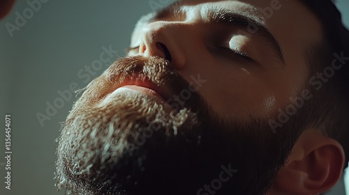 Man s Face Close up  Beard  Mustache  Eyes Closed  Relaxed