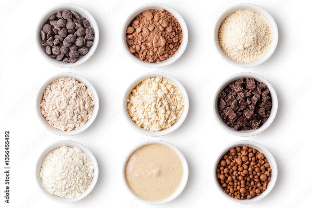 Different ingredients arranged in small white bowls on white surface Different ingredients arranged in small white bowls on white surface