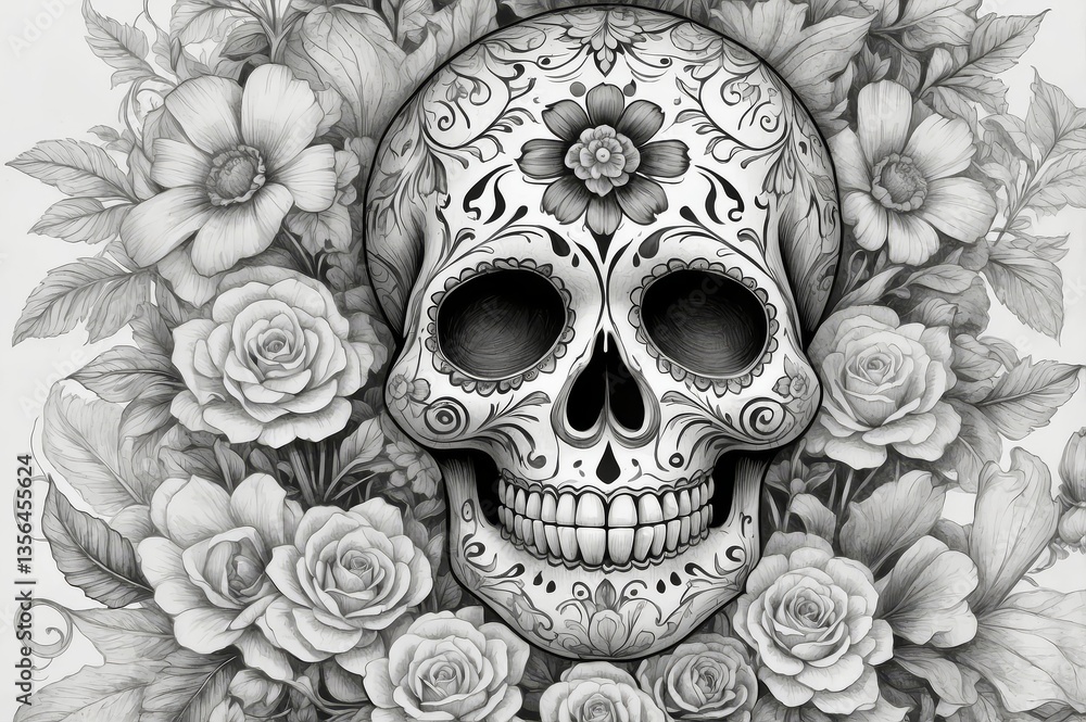 Fototapeta premium Monochrome sugar skull adorned with roses and flowers.
