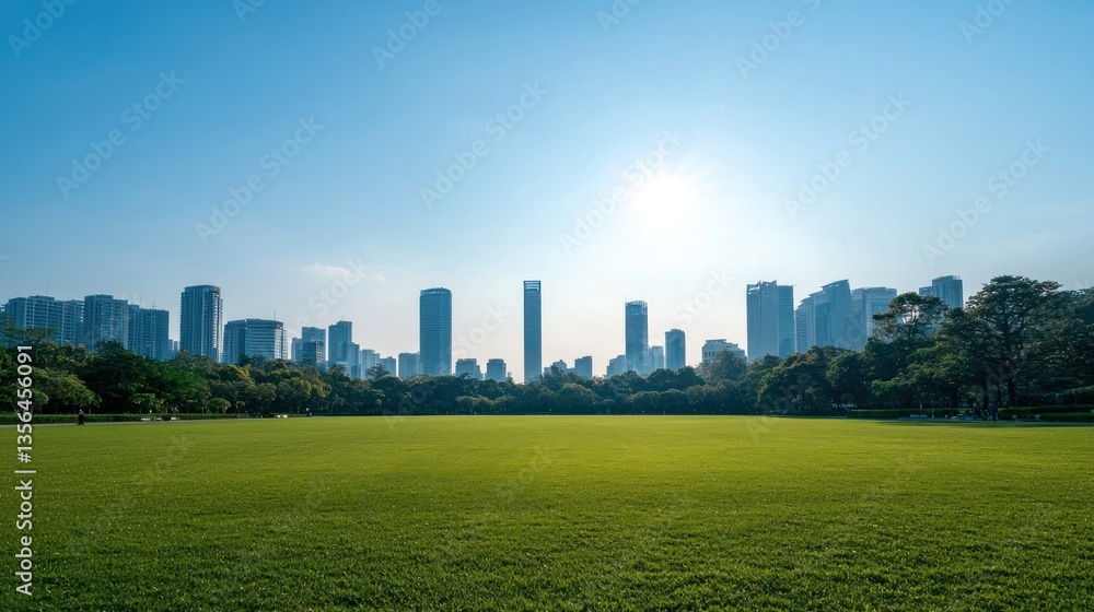Fototapeta premium Urban park oasis amidst modern office buildings cityscape panoramic view vibrant environment